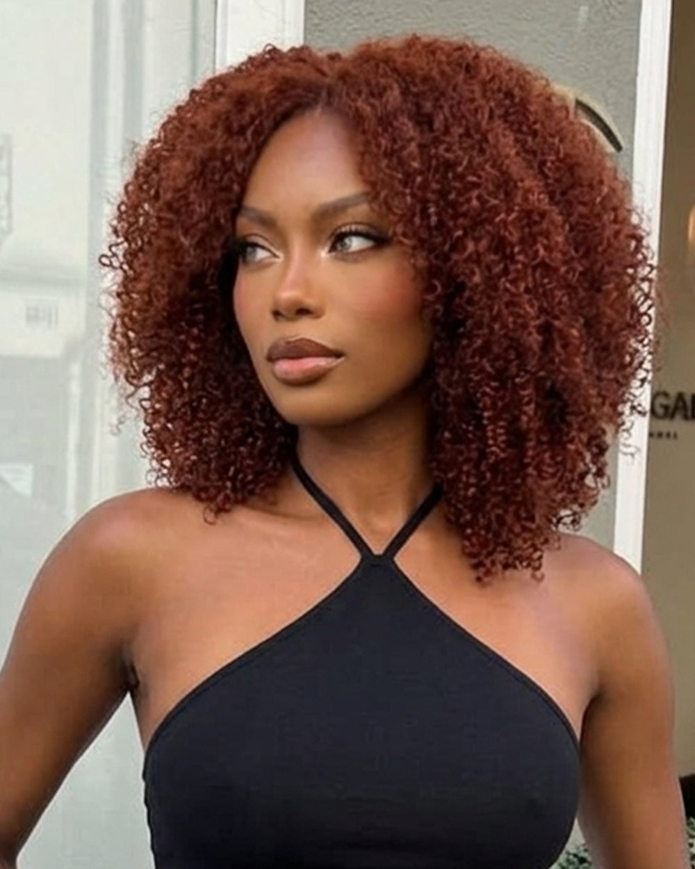 eullair #33 Reddish Brown Burmese Curly V Part Human Hair Wig | No Leave Out