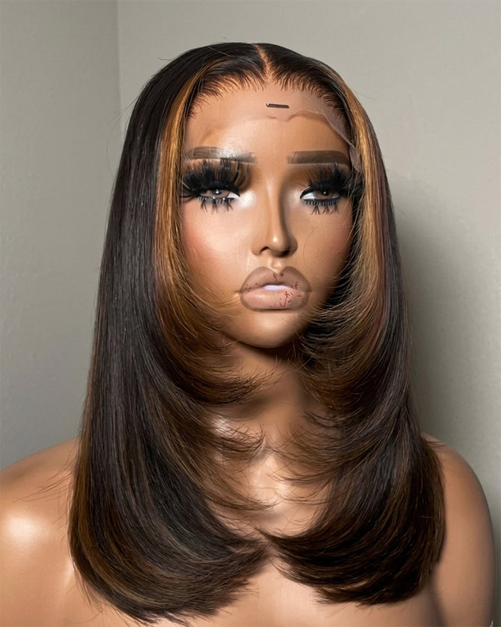 eullair Brown Highlight with Black Color 2x6 Bob Wig Soft Layered Cut Lace Frontal Glueless Wig