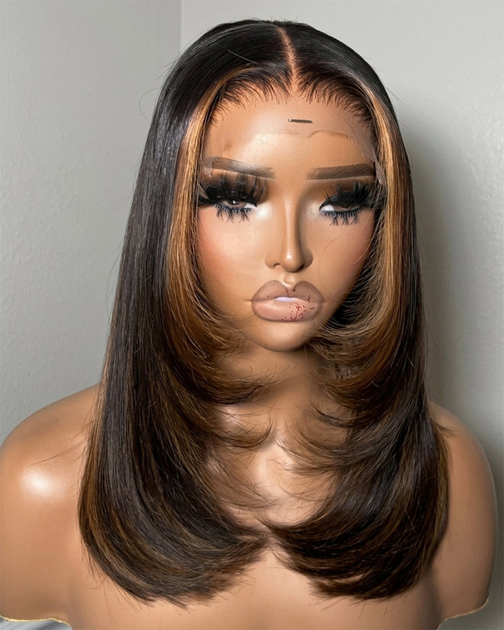 eullair Brown Highlight with Black Color 2x6 Bob Wig Soft Layered Cut Lace Frontal Glueless Wig