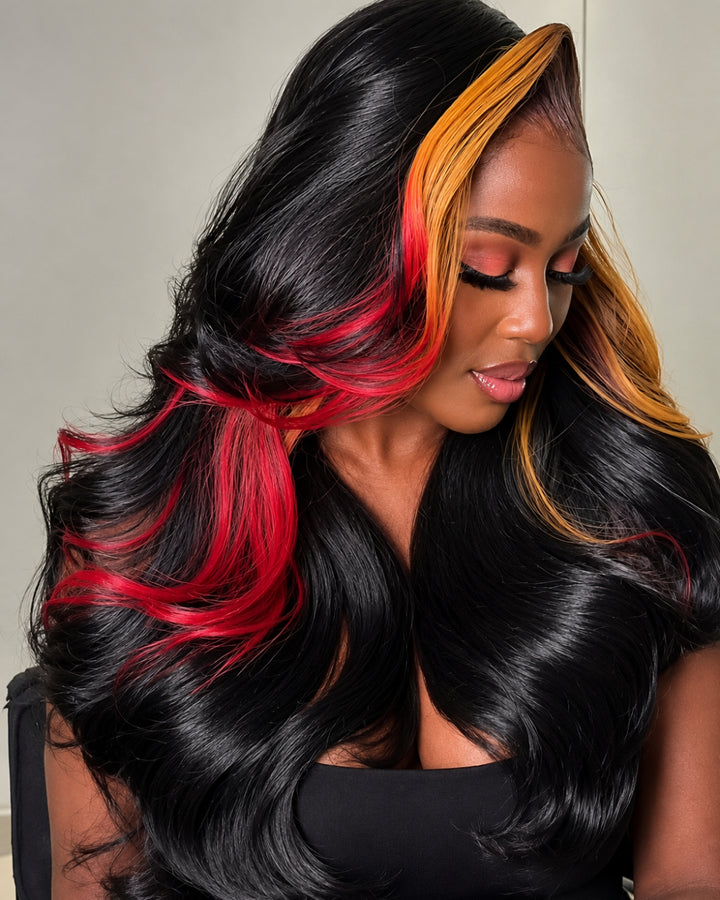 eullair Multi Colored 1B Wavy with Red Purple Ginger Highlight Body Wave Lace Frontal Wigs Pre Plucked Hairline