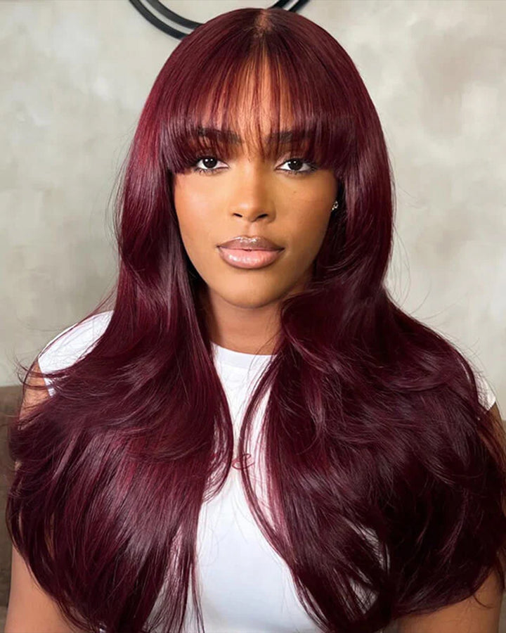eullair Dark Burgundy Layered Cut Straight with Bangs Glueless Human Hair Lace Frontal Wig For Women