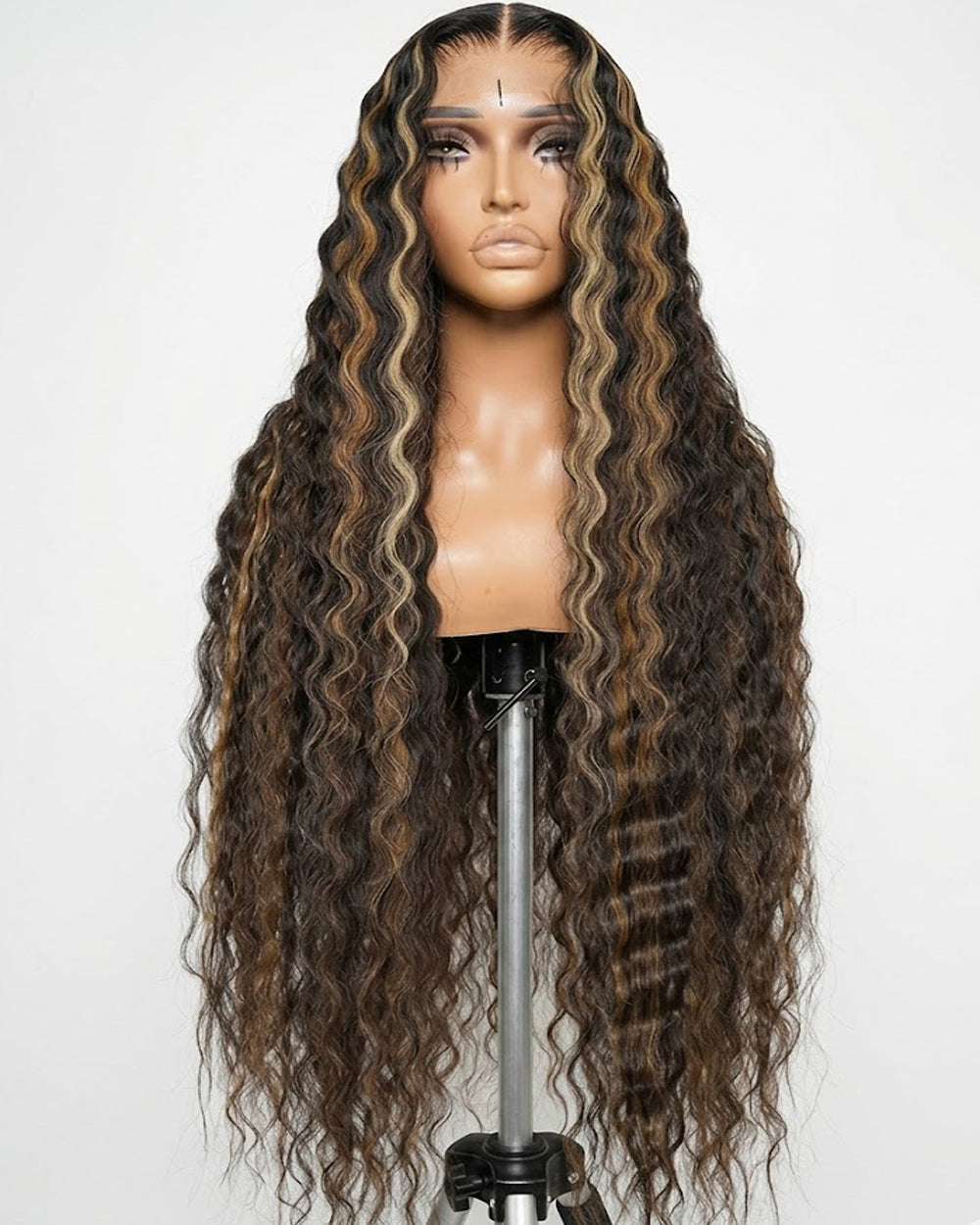 eullair Brown with Blonde Highlight Crimped Wavy Wig With Curling Iron Skunk Stripe Human Hair Lace Frontal Wig