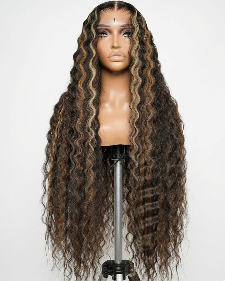 eullair Brown with Blonde Highlight Crimped Wavy Wig With Curling Iron Skunk Stripe Human Hair Lace Frontal Wig
