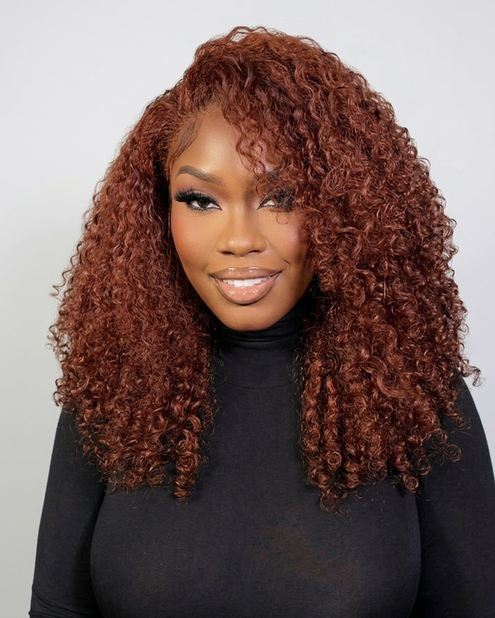 eullair 3 IN 1 Half Wig Reddish Brown Burmese Curly Wig Curly Texture Soft Fluffy Human Hair Wig