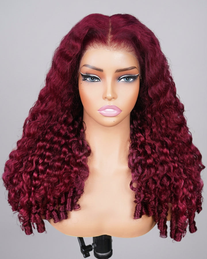 eullair 99J Burgundy Red Burmese Curly Super Double Drawn Wigs 13x6 6X4 13X4 Glueless Wigs 250% Density Drawstring Wig
