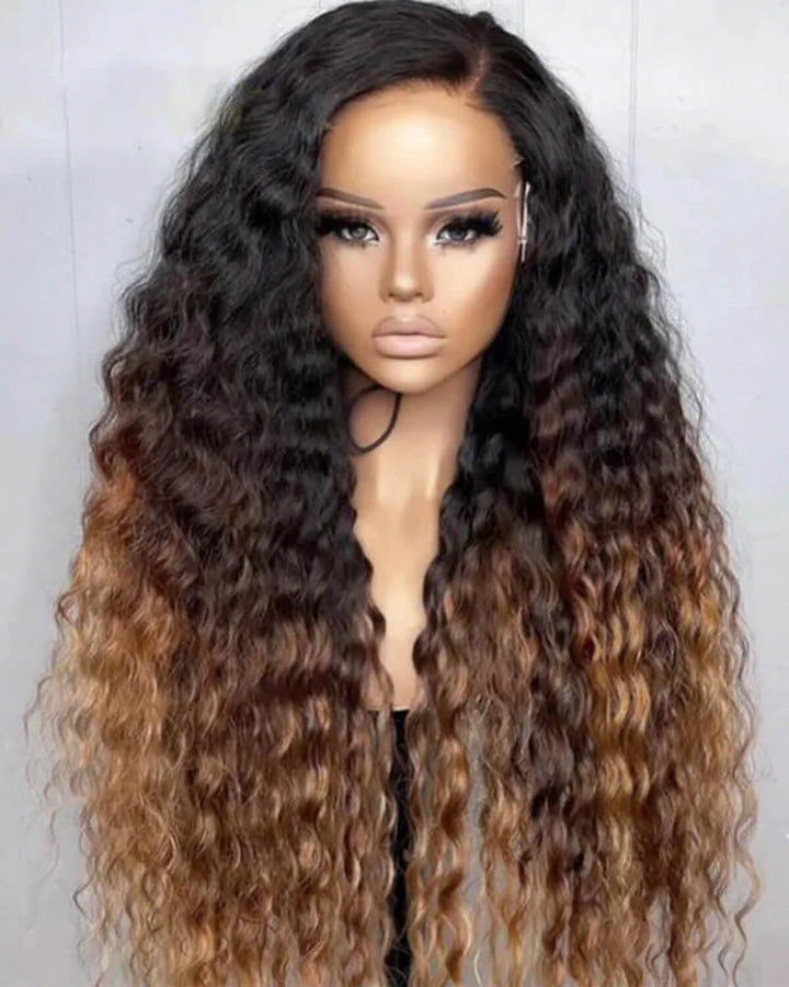 eullair Ombre 1b/30 Brown Highlights Curly Wig with 1b Roots Lace Frontal Human Hair Wig