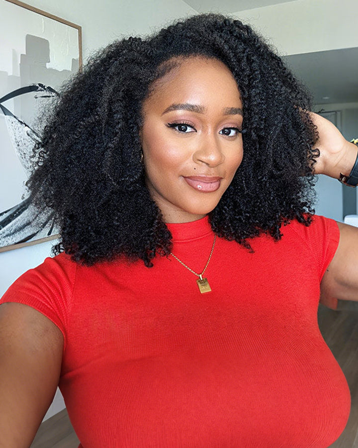 eullair 3 in 1 Half Wig  Kinky Curly Human Hair Fluffy Afro Texture Natural Volume Easy Install