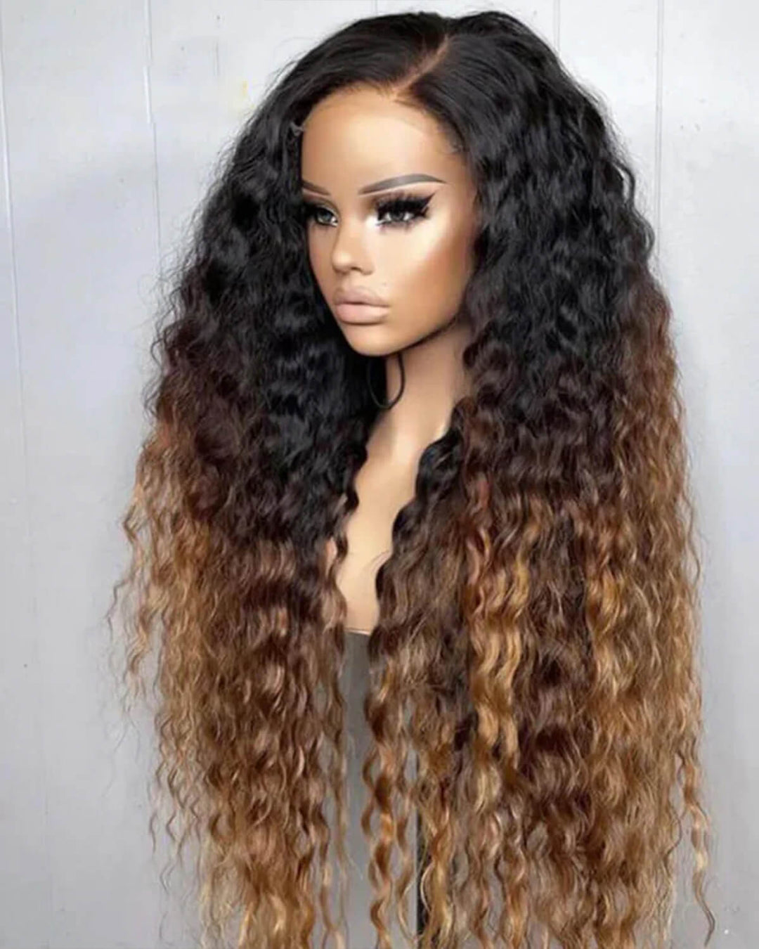 eullair Ombre 1b/30 Brown Highlights Curly Wig with 1b Roots Lace Frontal Human Hair Wig