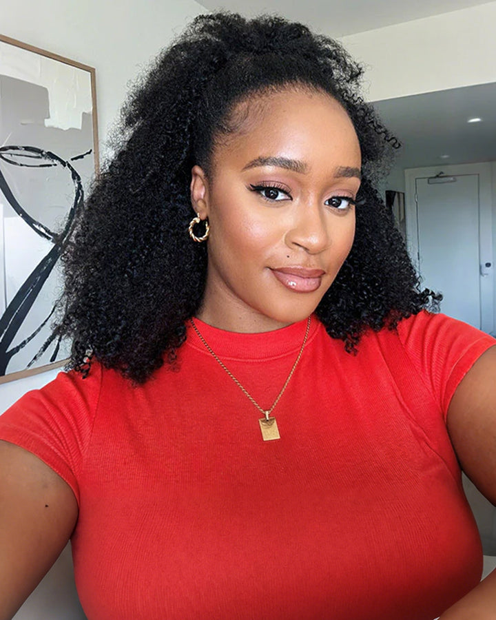 eullair 3 in 1 Half Wig  Kinky Curly Human Hair Fluffy Afro Texture Natural Volume Easy Install