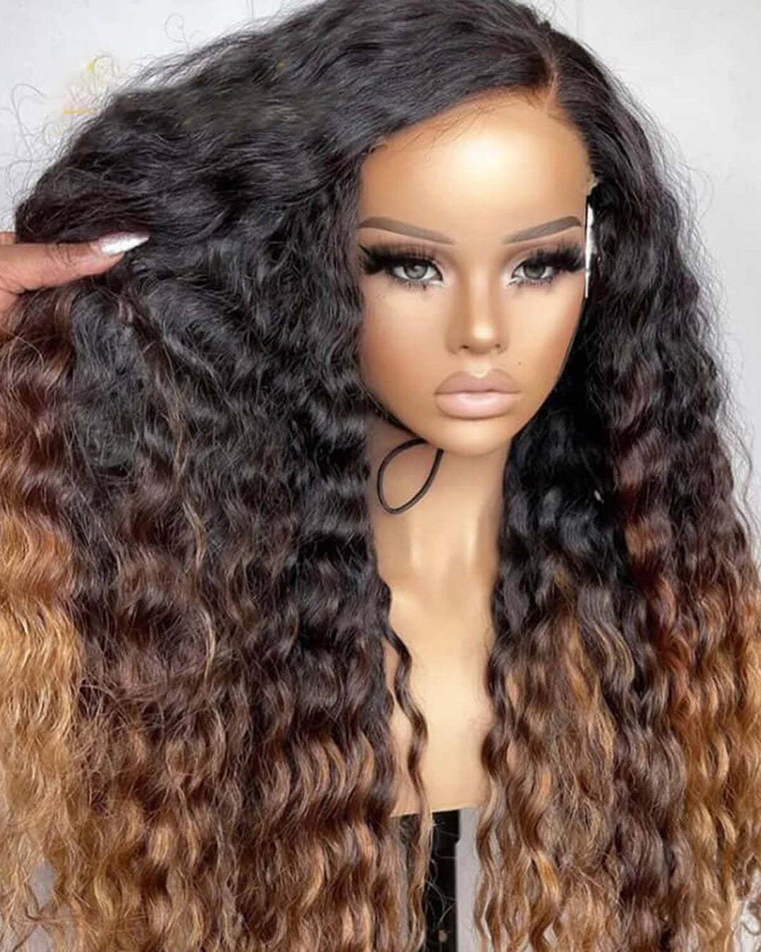 eullair Ombre 1b/30 Brown Highlights Curly Wig with 1b Roots Lace Frontal Human Hair Wig