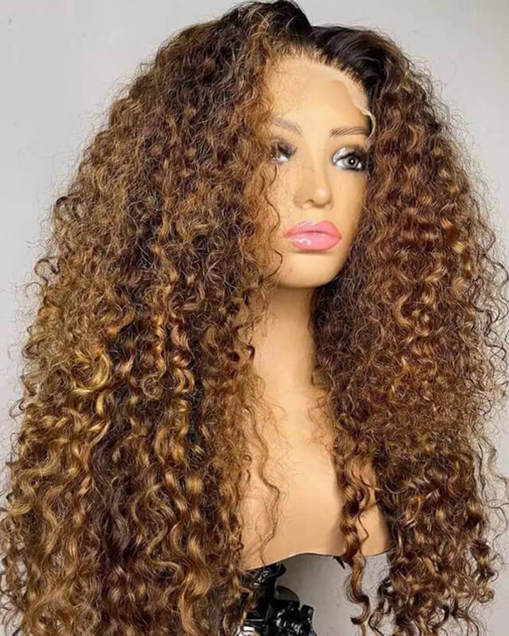 eullair Ombre 1b/30 Brown Highlights Curly Wig with 1b Roots Lace Frontal Human Hair Wig
