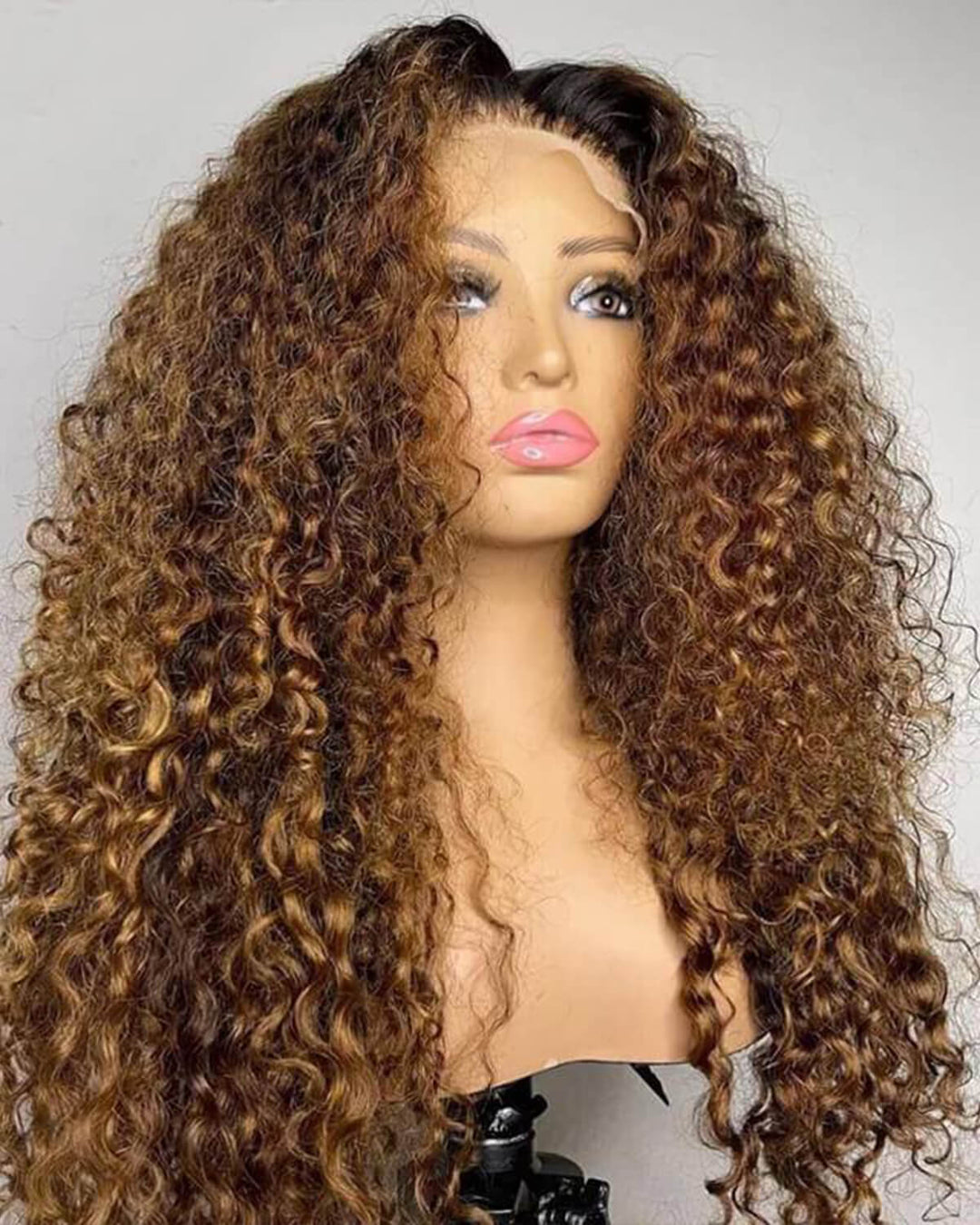 eullair Ombre 1b/30 Brown Highlights Curly Wig with 1b Roots Lace Frontal Human Hair Wig