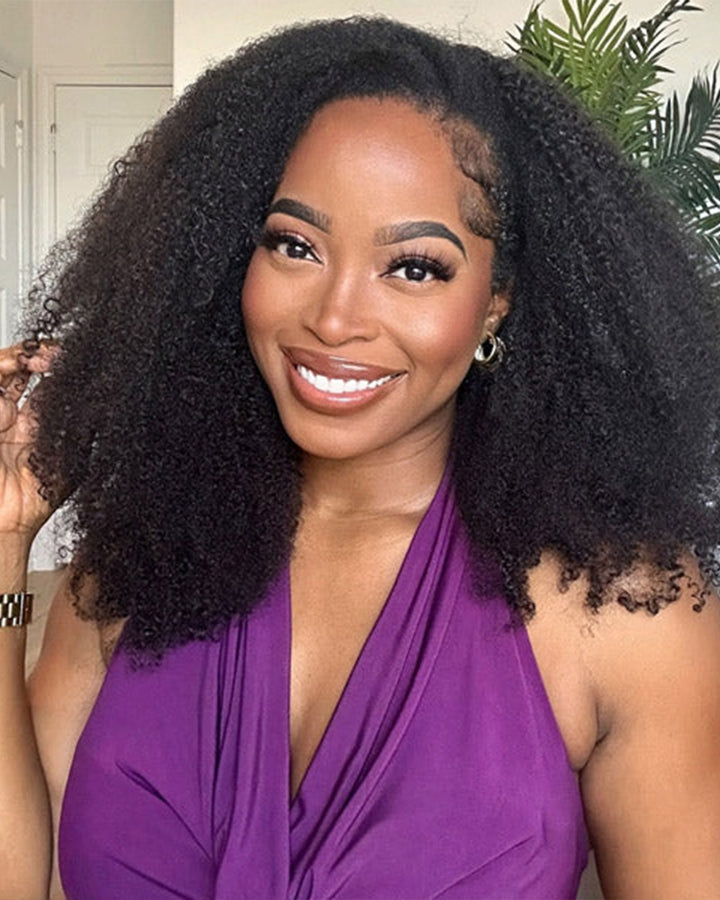 eullair 3 in 1 Half Wig  Kinky Curly Human Hair Fluffy Afro Texture Natural Volume Easy Install