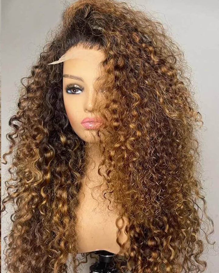 eullair Ombre 1b/30 Brown Highlights Curly Wig with 1b Roots Lace Frontal Human Hair Wig