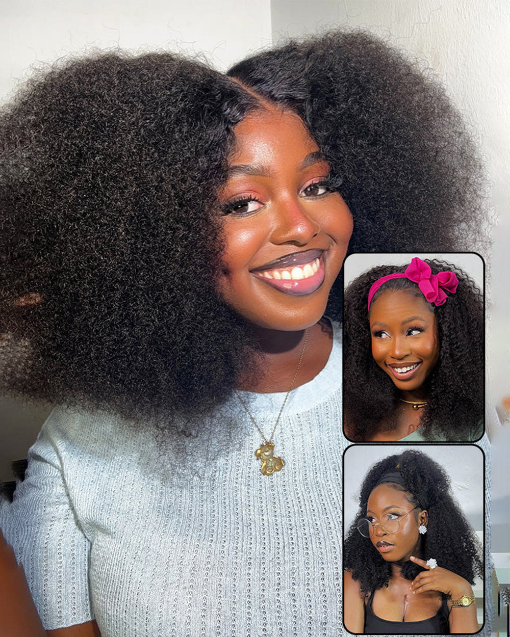 eullair 3 in 1 Half Wig  Kinky Curly Human Hair Fluffy Afro Texture Natural Volume Easy Install