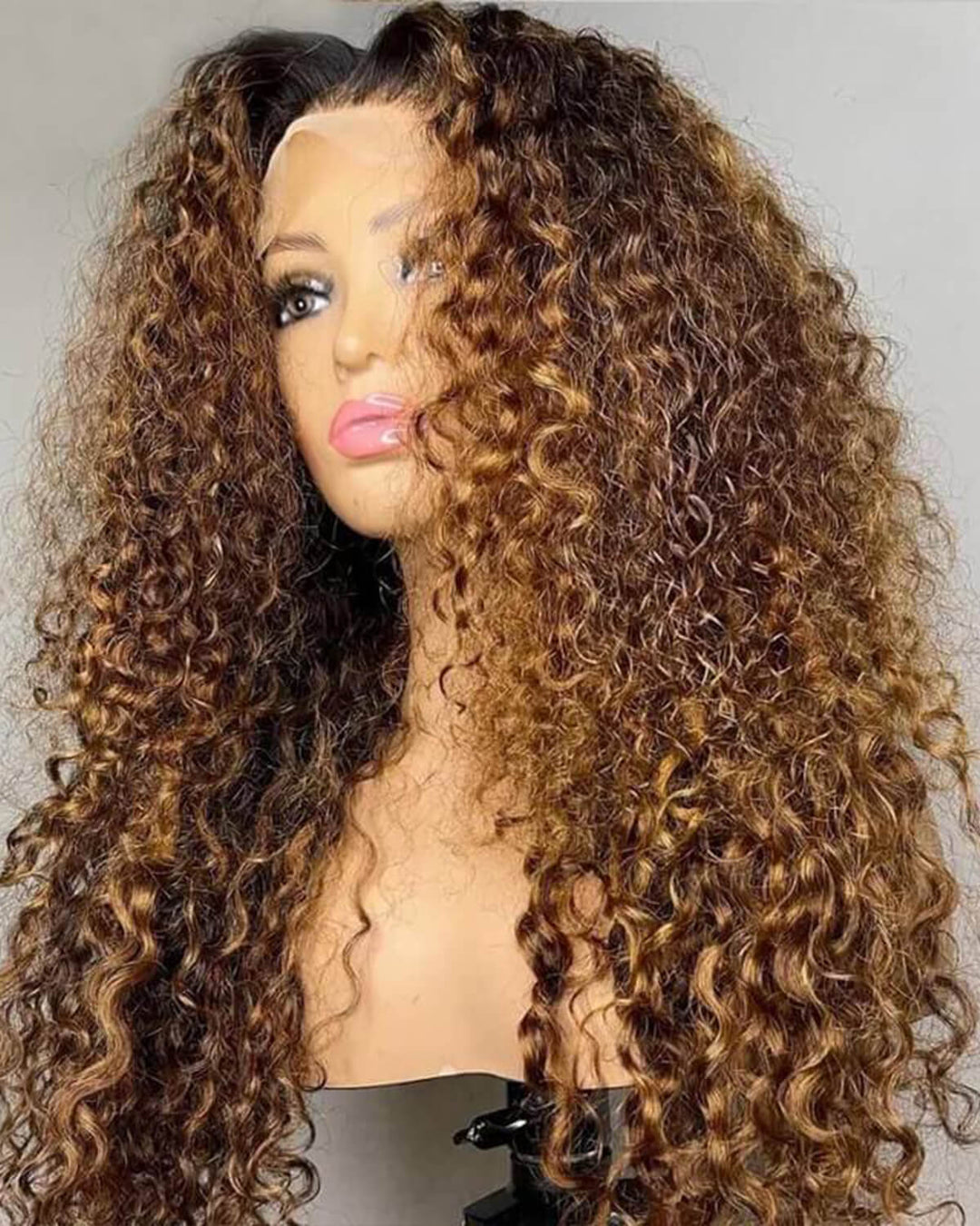 eullair Ombre 1b/30 Brown Highlights Curly Wig with 1b Roots Lace Frontal Human Hair Wig