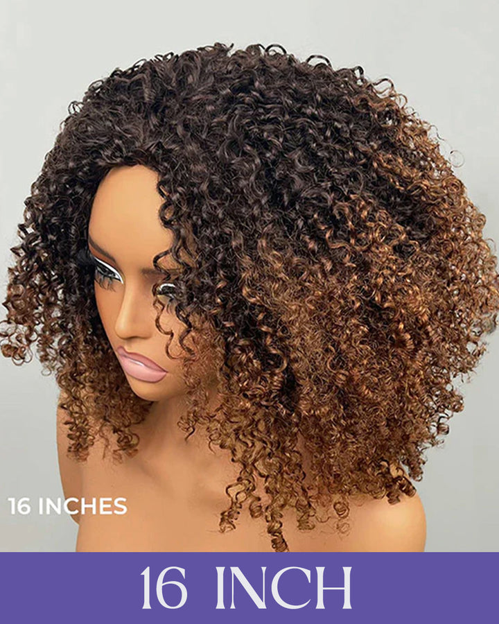 eullair T1B/4 Chocolate Ombre Brown Curly Bob Wig Kinky Texture Soft Fluffy Human Hair Wig
