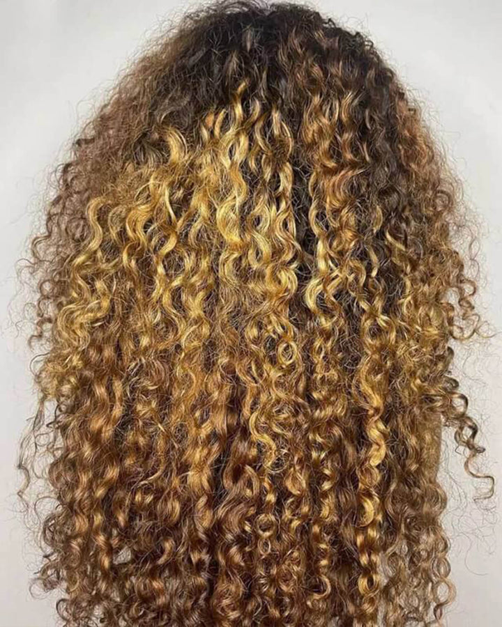 eullair Ombre 1b/30 Brown Highlights Curly Wig with 1b Roots Lace Frontal Human Hair Wig