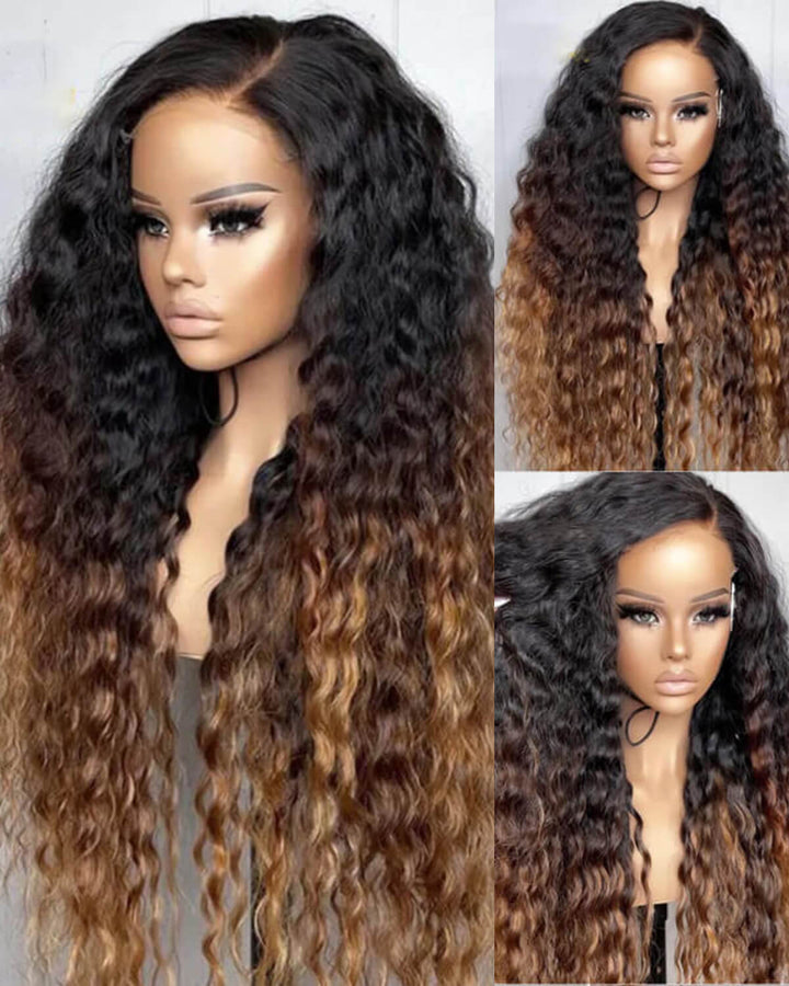 eullair Ombre 1b/30 Brown Highlights Curly Wig with 1b Roots Lace Frontal Human Hair Wig