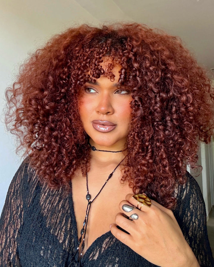 eullair Reddish Brown Burmese Curly V Part Wig 250% Density Auburn Brown Fluffy Curly No Leave Out