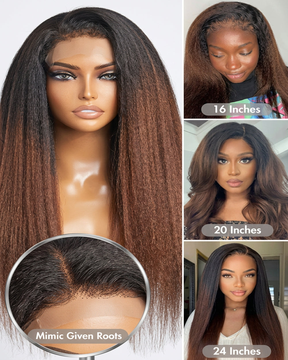 eullair 1B Ombre Brown 4C Edge Kinky Straight Lace Frontal & 360 Lace Wig Invisiable Lace Natural Hair Curly Hairline