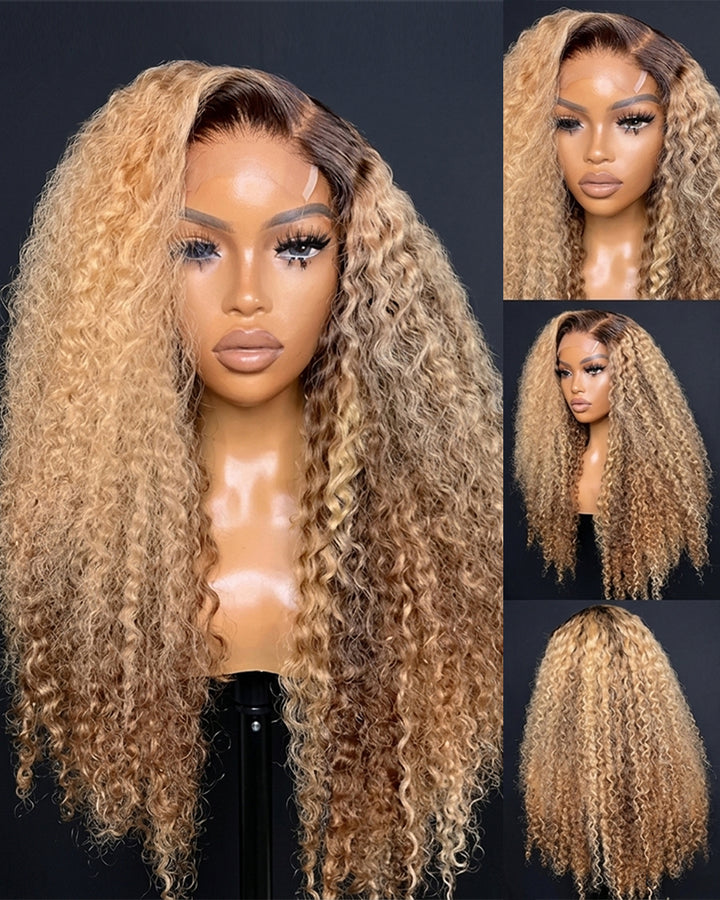 eullair Ombre Honey Blonde Kinky Curly Lace Frontal Wig Highlights Glueless Human Hair Lace Wigs
