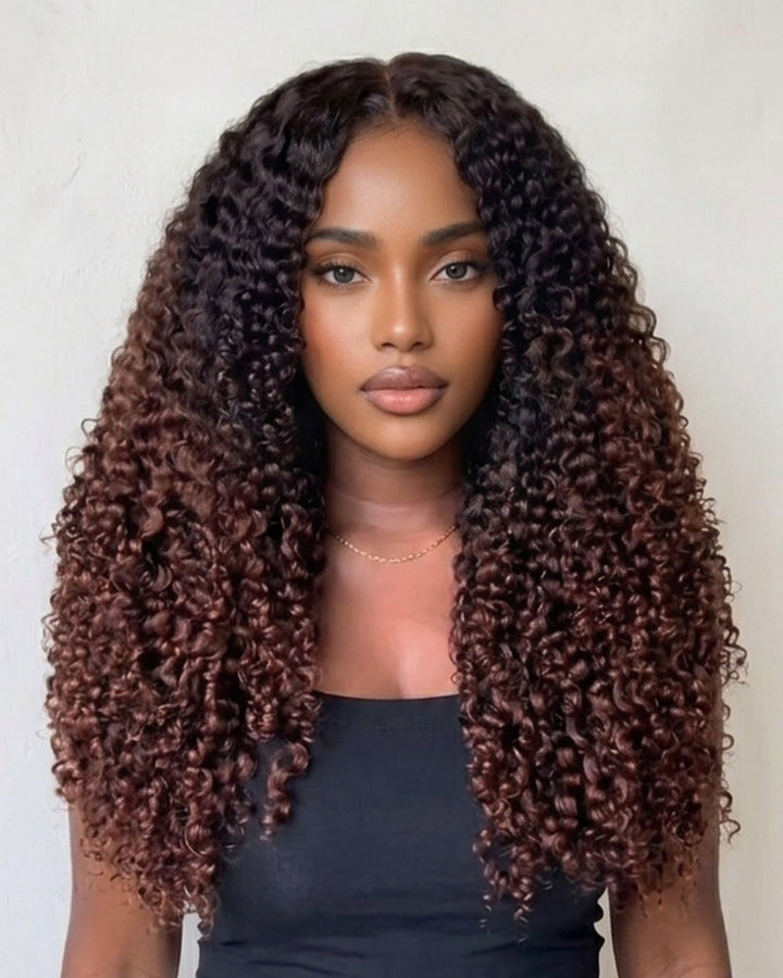 eullair Ombre T1B/#4 Chocolate Brown 13x4 Lace Wig Burmese Curly with Spril Ends Long and Bouncy Wigs250% Density