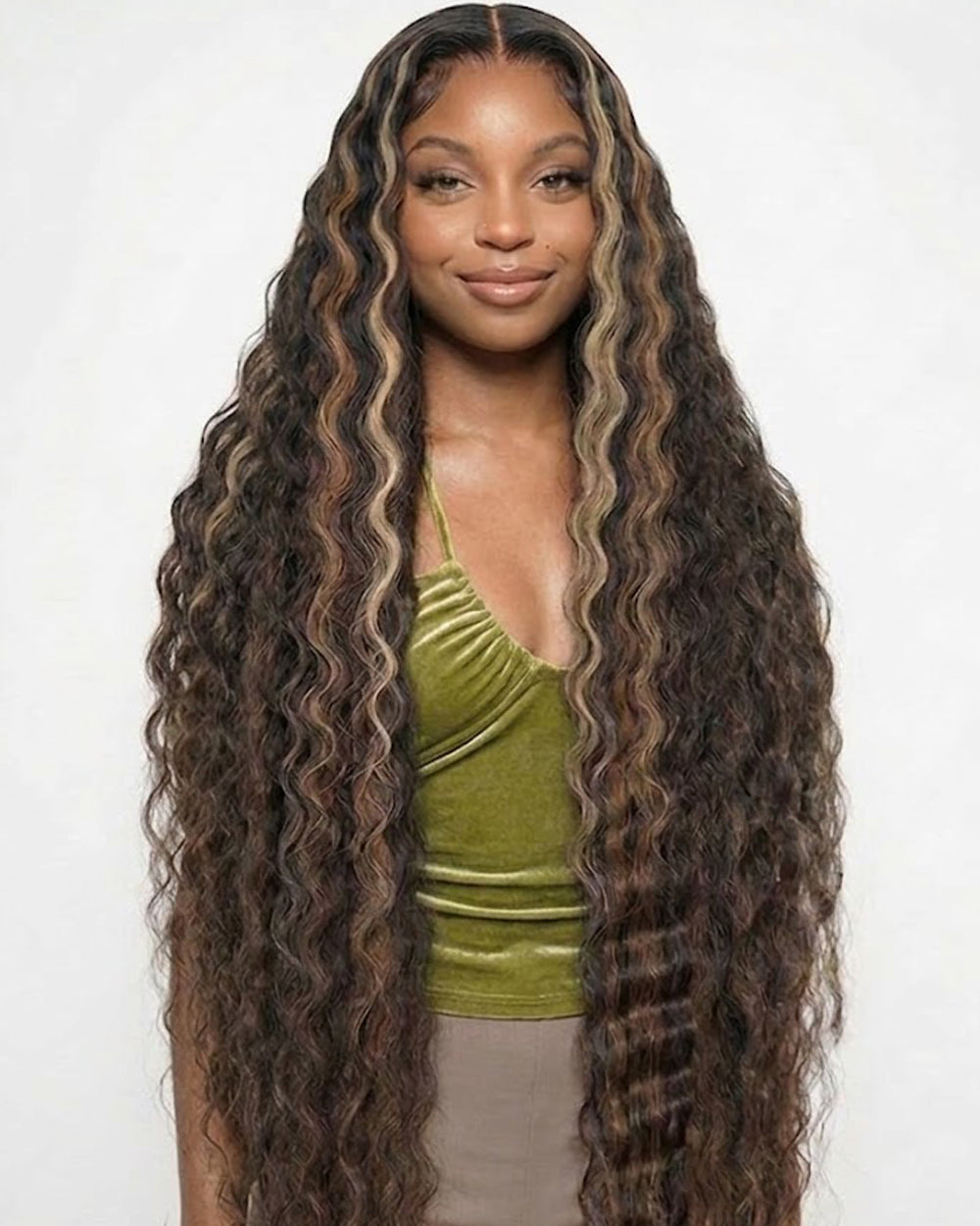 eullair Brown with Blonde Highlight Crimped Wavy Wig With Curling Iron Skunk Stripe Human Hair Lace Frontal Wig