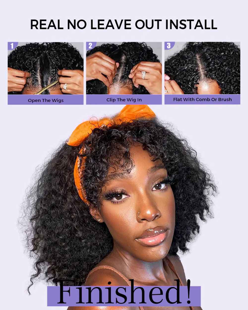 eullair No Leave Out Glueless Burmese Curly Human Hair Wig Install V Part Wig With Elastic Drawstring Beginner Friendly