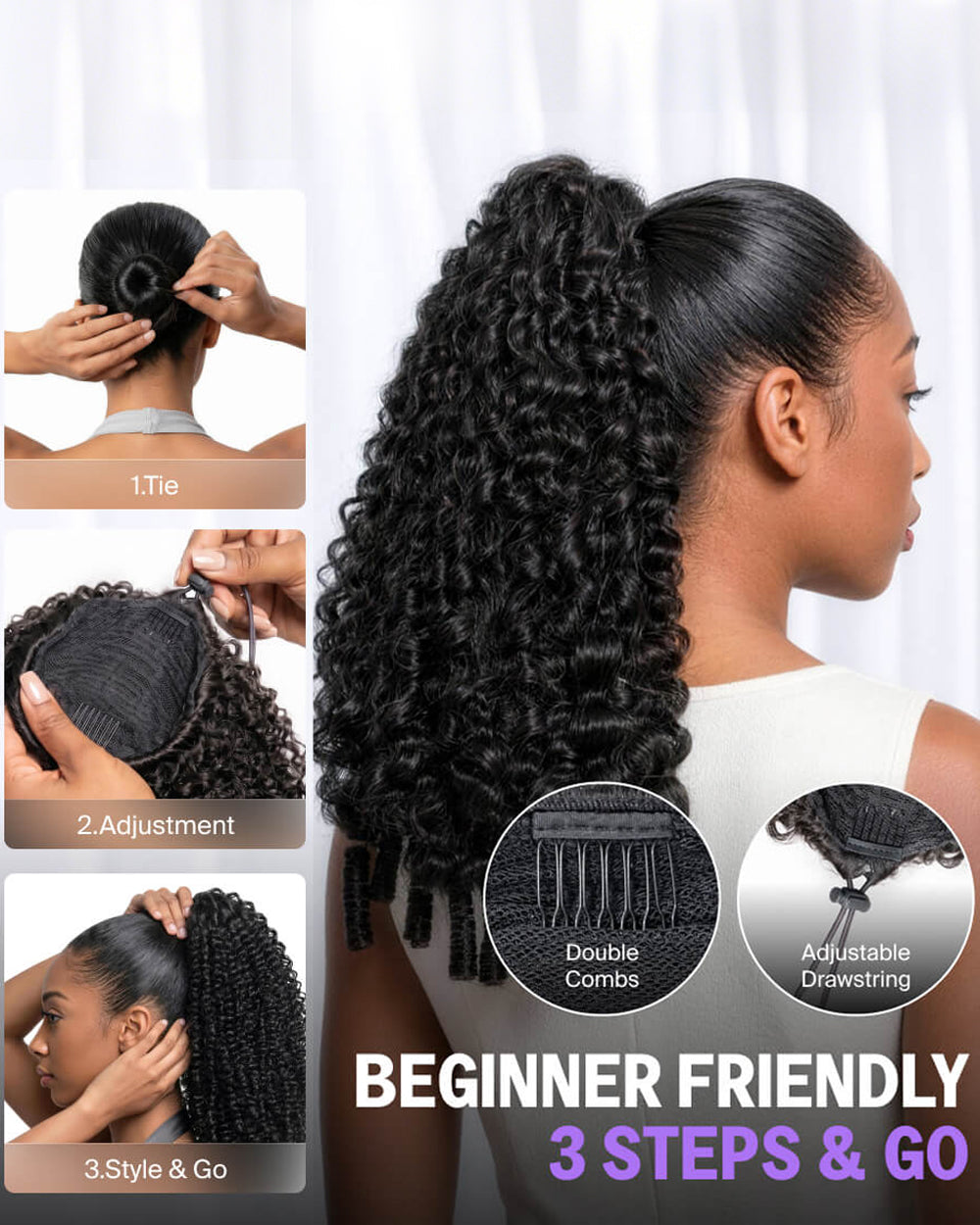 eullair Burmese Curly Adjustable Human Hair Drawstring Ponytail Curly Hair Extensions For Black Women