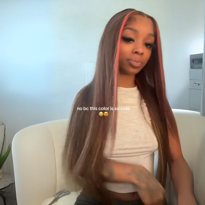 eullair Multi Colored Lace Front Wig Brown with Mixed Orange Yellow Human Hair Wig Body Wave Glueless Wig( EW009 )