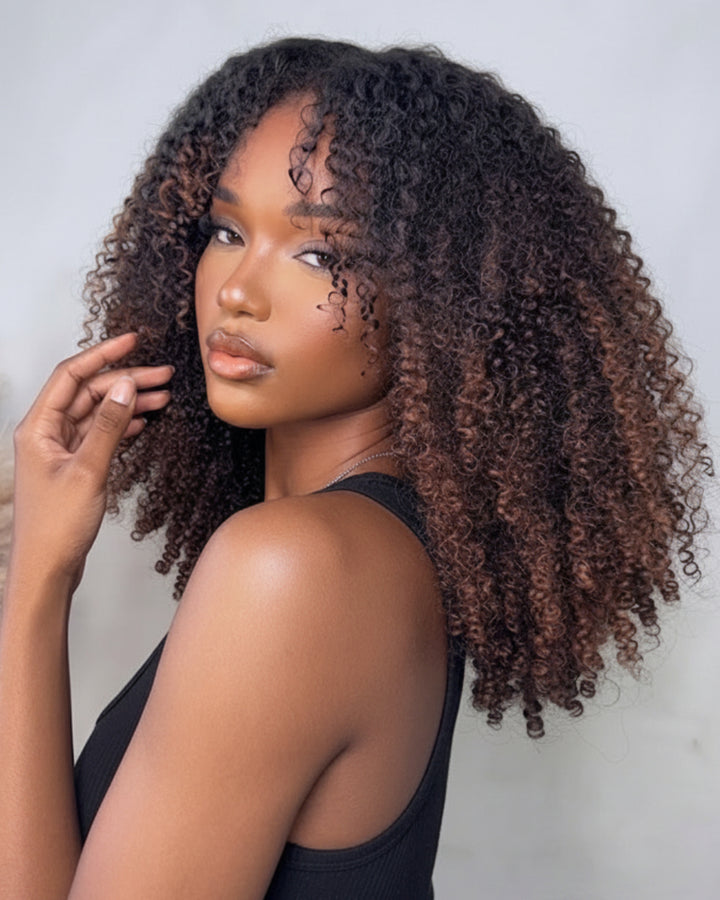 eullair Ombre Cholocate Brown Color Curly No Leave Out V Part Wig Soft Full Volume Human Hair Easy Natural Blend
