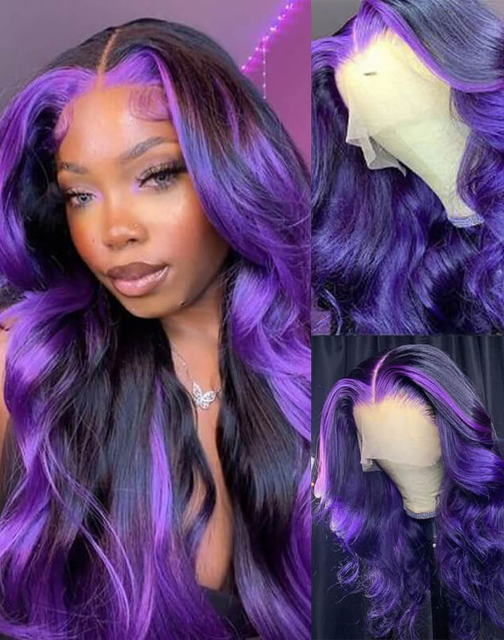 eullair Colored Skunk Stripe Ombre Highlight Body Wave 13x4 Lace Frontal Human Hair Wigs 180% Density