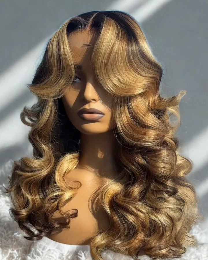 eullair Honey Blonde Highlights Body Wave Wig 13x4 Full Lace Frontal Glueless Wigs Pre Plucked 250% Density