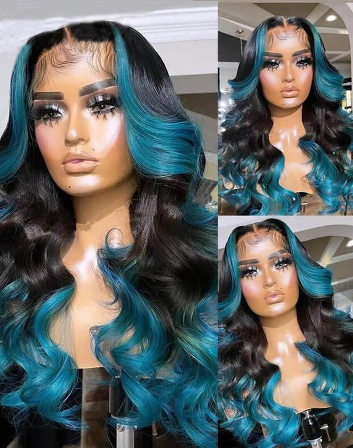 eullair Colored Skunk Stripe Ombre Highlight Body Wave 13x4 Lace Frontal Human Hair Wigs 180% Density