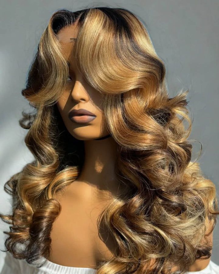 eullair Honey Blonde Highlights Body Wave Wig 13x4 Full Lace Frontal Glueless Wigs Pre Plucked 250% Density