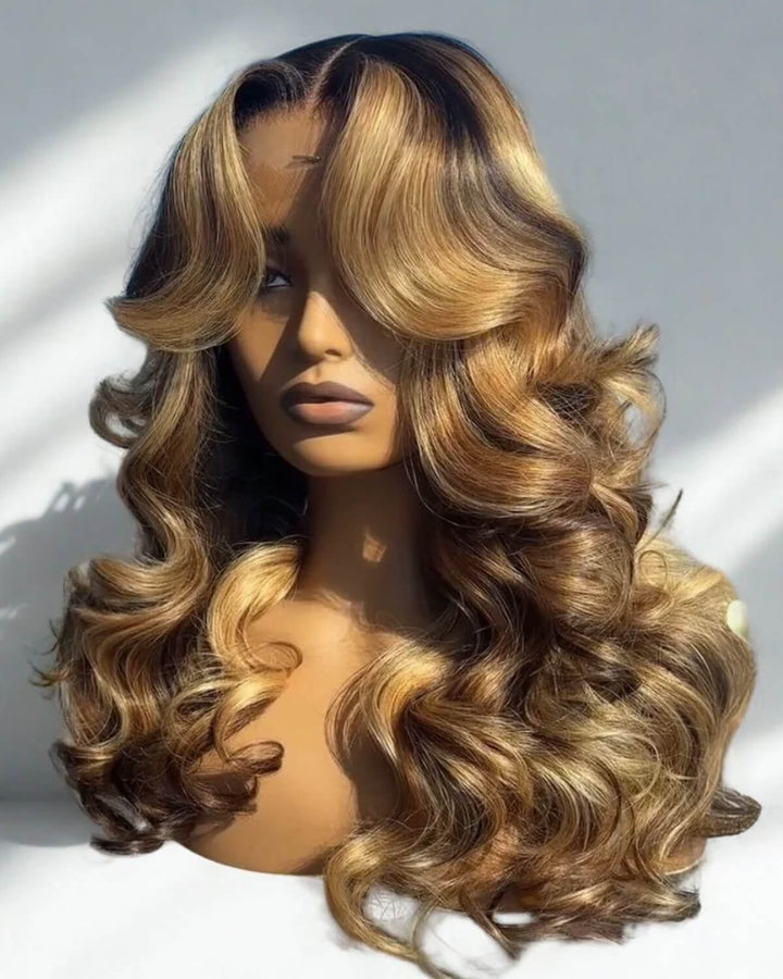 eullair Honey Blonde Highlights Body Wave Wig 13x4 Full Lace Frontal Glueless Wigs Pre Plucked 250% Density