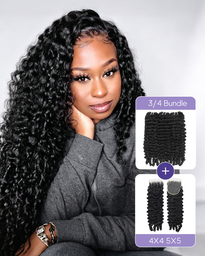 eullair Burmese Curly Raw Cambodian Hair Bundles Extensions 3/4 Pcs with 4x4 5x5 13x4 Closur/Frontal for Sew In Quick Weave Double Drawn Thick Ends Ultra