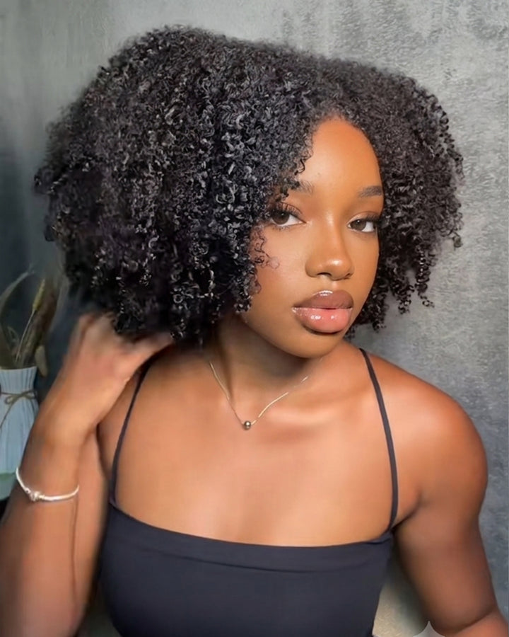 eullair 4B-4C Afro Kinky Curly No Leave Out No Gel V Part Wig With Elastic Drawstring Human Hair Wig Beginner Friendly