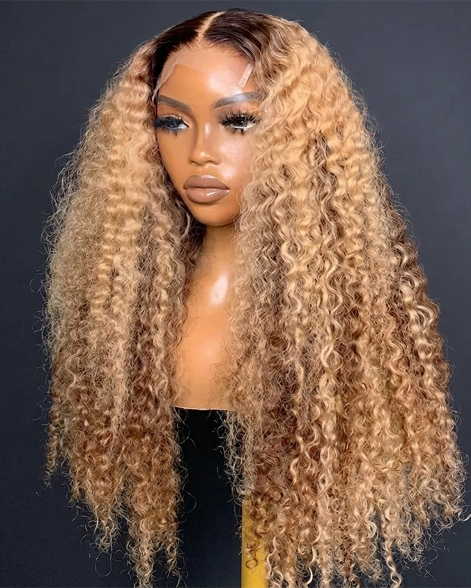 eullair Ombre Honey Blonde Kinky Curly Lace Frontal Wig Highlights Glueless Human Hair Lace Wigs