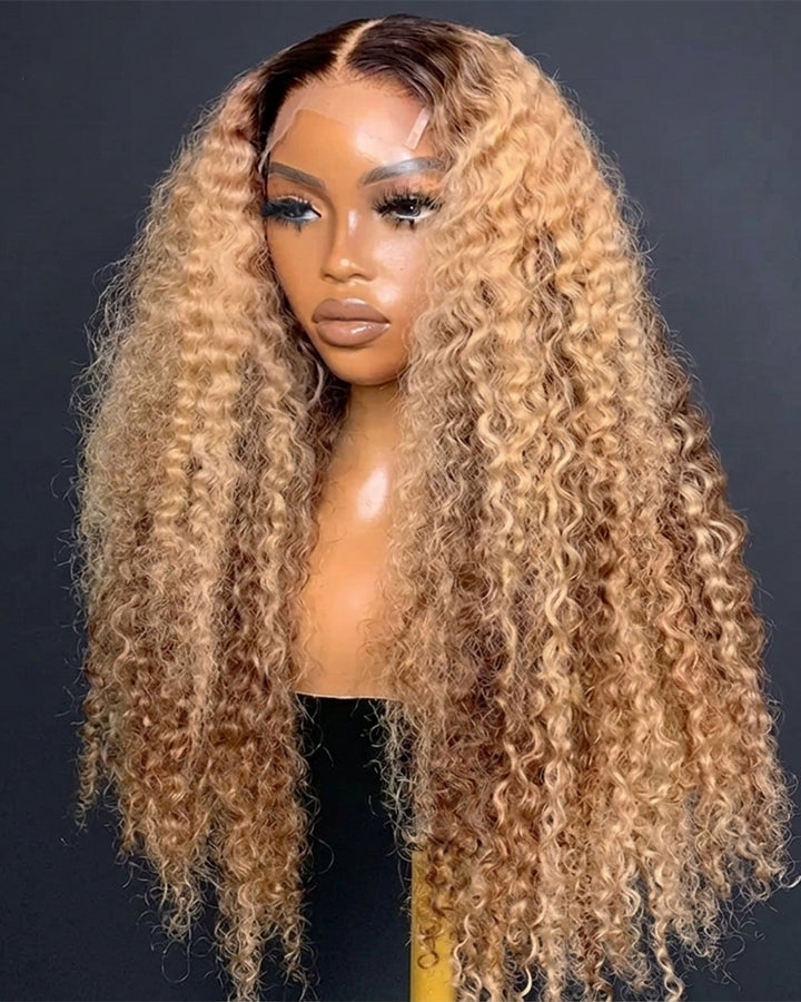 eullair Ombre Honey Blonde Kinky Curly Lace Frontal Wig Highlights Glueless Human Hair Lace Wigs
