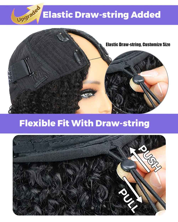 eullair No Leave Out Glueless Burmese Curly Human Hair Wig Install V Part Wig With Elastic Drawstring Beginner Friendly