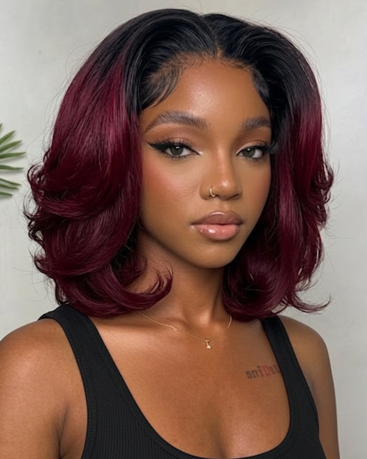 eullair Ombre Dark 99J  Burgundy Bob Wig Soft Layered 13x4 Lace Frontal Glueless Wig