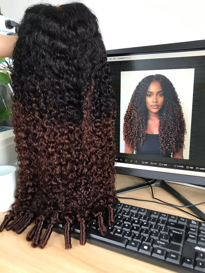 eullair Ombre T1B/#4 Chocolate Brown 13x4 Lace Wig Burmese Curly with Spril Ends Long and Bouncy Wigs250% Density