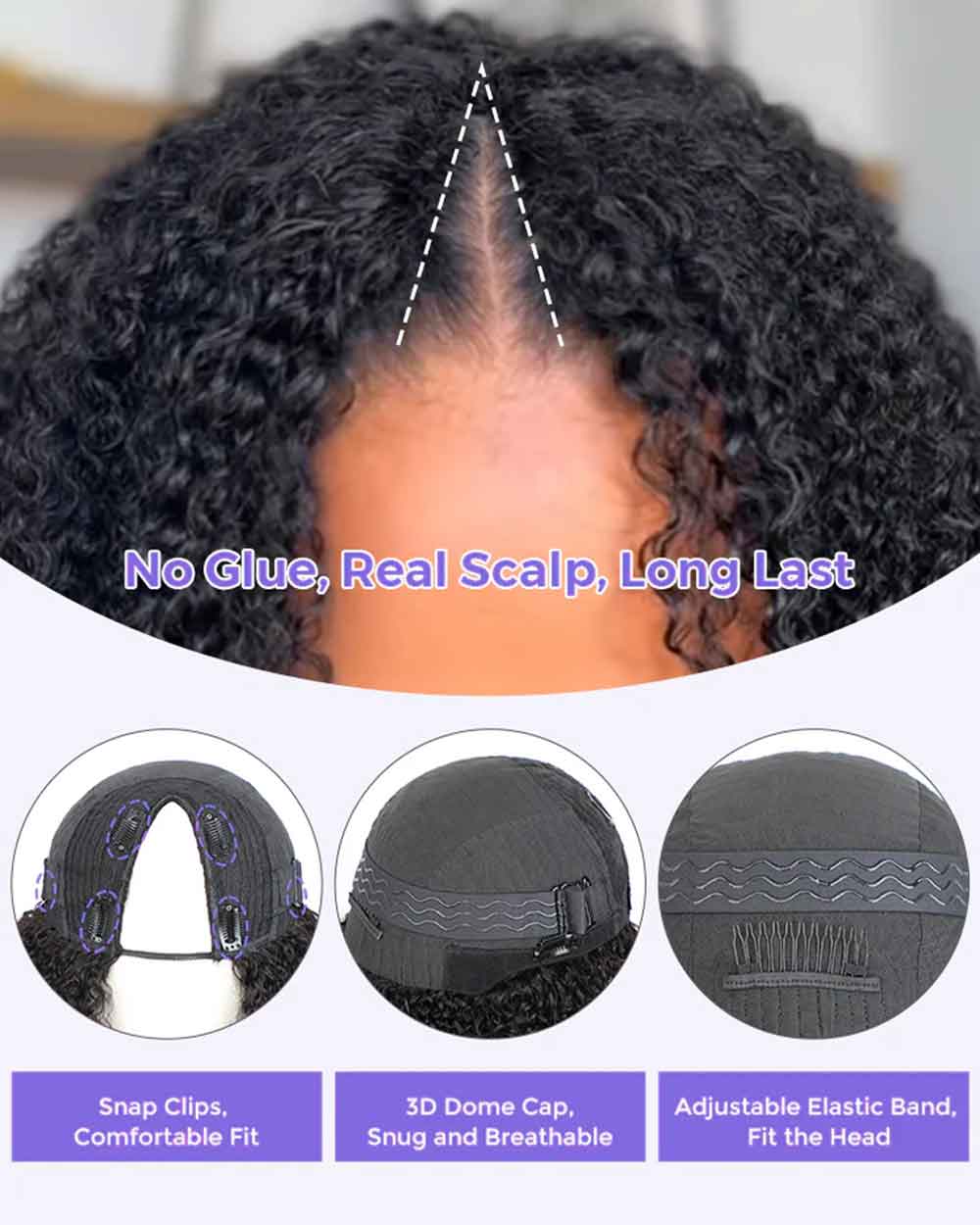 eullair No Leave Out Glueless Burmese Curly Human Hair Wig Install V Part Wig With Elastic Drawstring Beginner Friendly