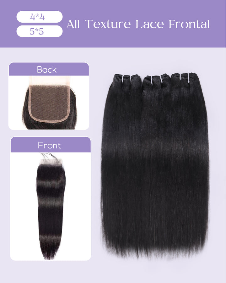 eullair Straight Raw Cambodian Hair Bundles Extensions 3/4 Pcs with 4x4 5x5 13x4 Closur/Frontal for Sew In Quick Weave Double Drawn Thick Ends Ultra-Flat Seamless Weft
