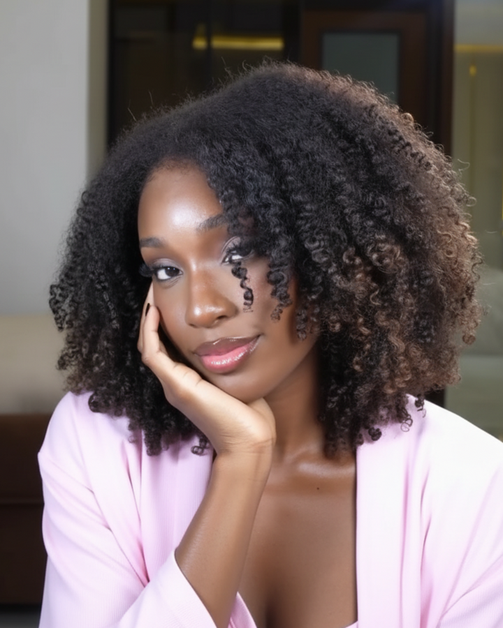 eullair Ombre Brown Afro Kinky Curly 4C Edges Invisi Strap Snug Fit Laid Flat 360 Transparent Lace Wig with Curly Baby Hair