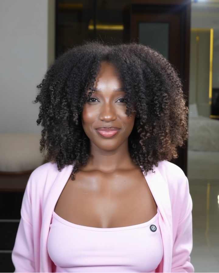 eullair Ombre Brown Afro Kinky Curly 4C Edges Invisi Strap Snug Fit Laid Flat 360 Transparent Lace Wig with Curly Baby Hair