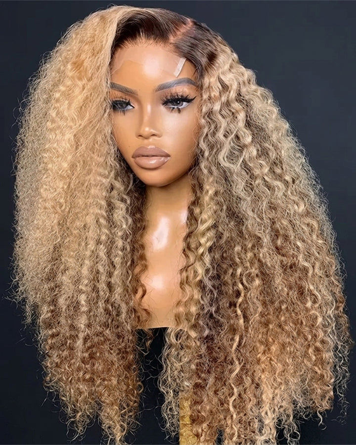 eullair Ombre Honey Blonde Kinky Curly Lace Frontal Wig Highlights Glueless Human Hair Lace Wigs
