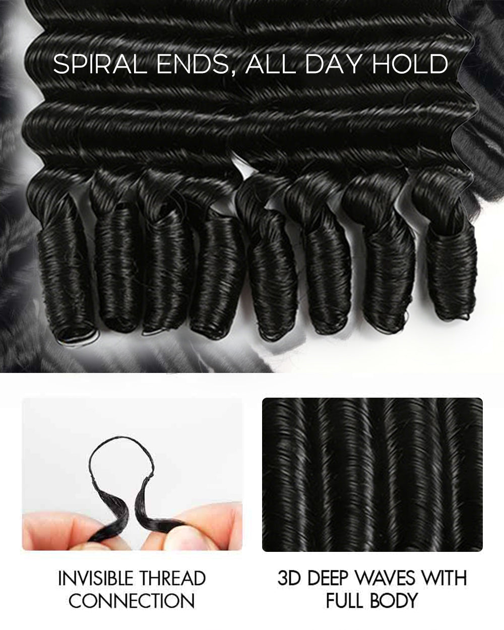 eullair Burmese Deep Loose Wave Feather Crochet Spiral Curl Ends Human Hair Extensions Miracle Knots